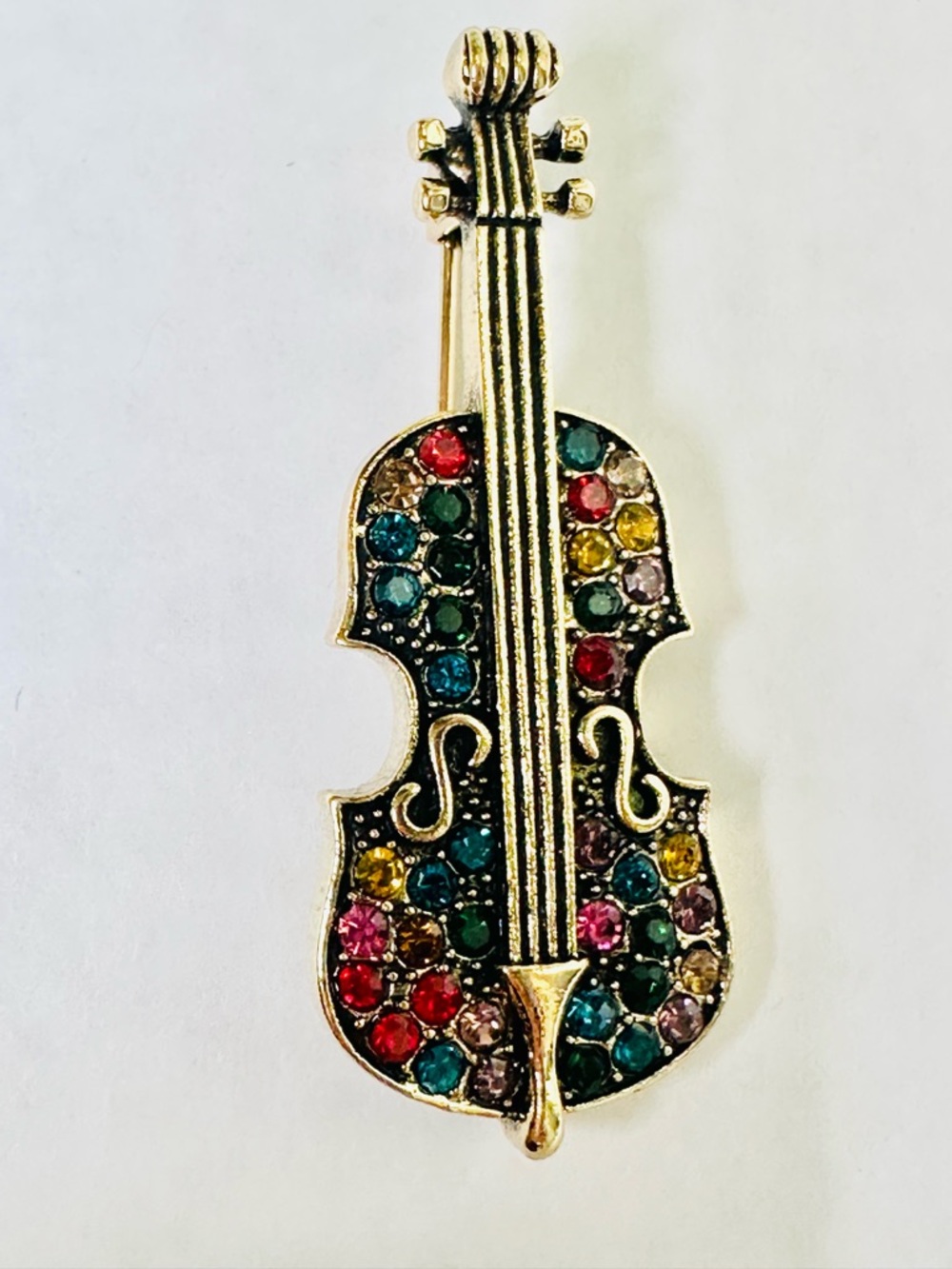 1.75” x 0.5” Vintage Gold Tone Violin Brooch with Multicolor Rhinestones